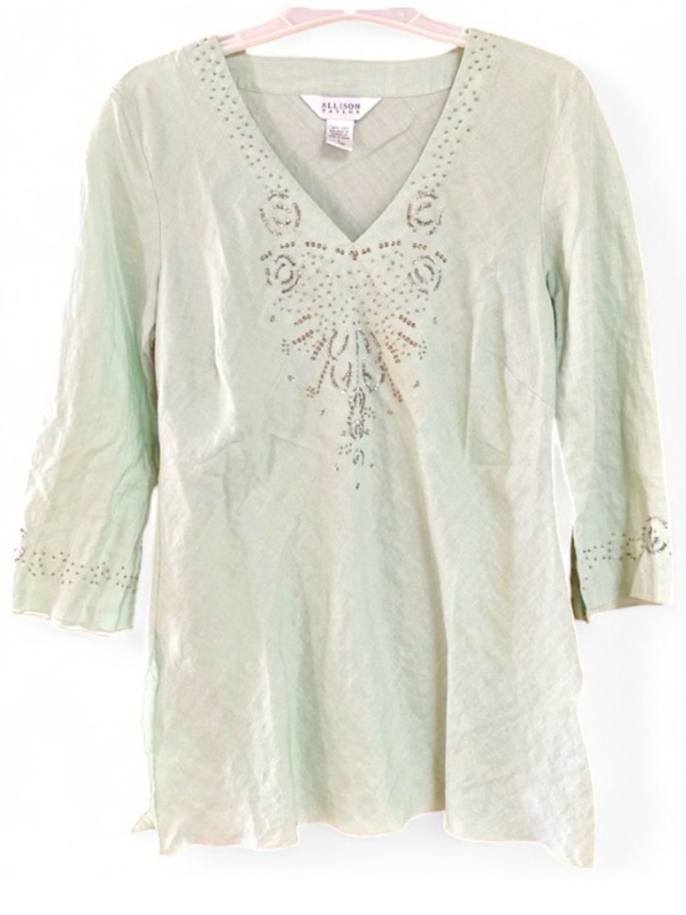 Allison Taylor Women’s L Mint Green Linen Beaded Tunic 3/4 Sleeve